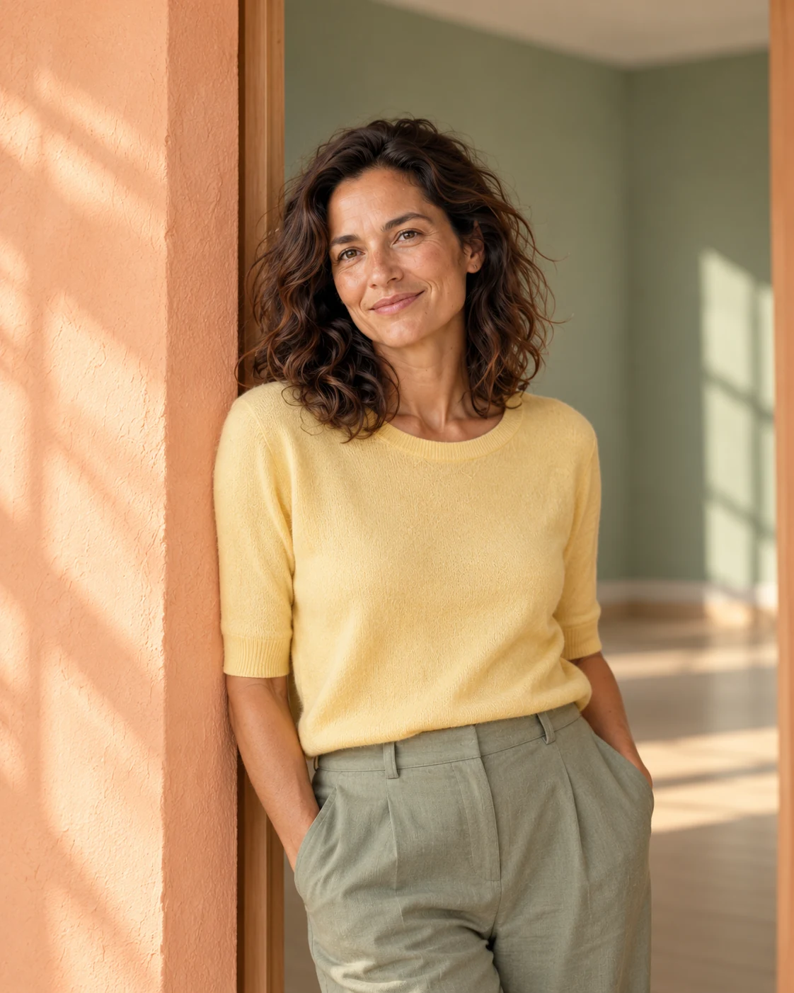 Jules in a softly lit peach doorway, wearing her pale yellow knit.
