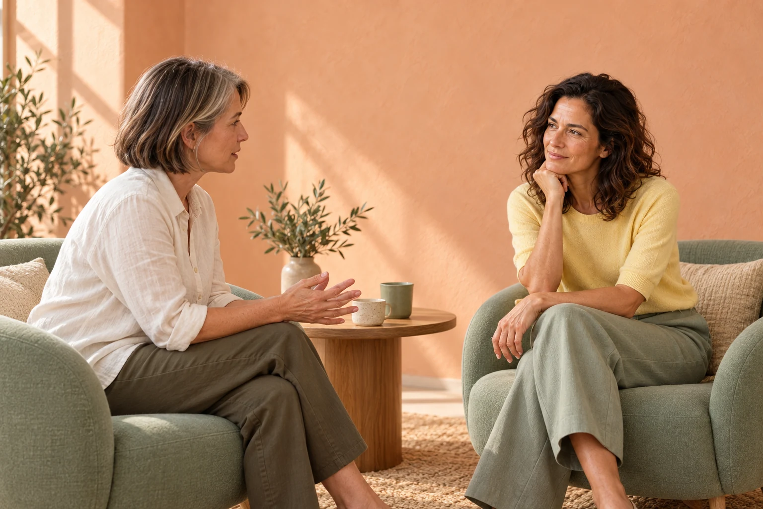 An illustrative coaching conversation between Jules and a woman in a peach studio, seated in separate sage chairs.