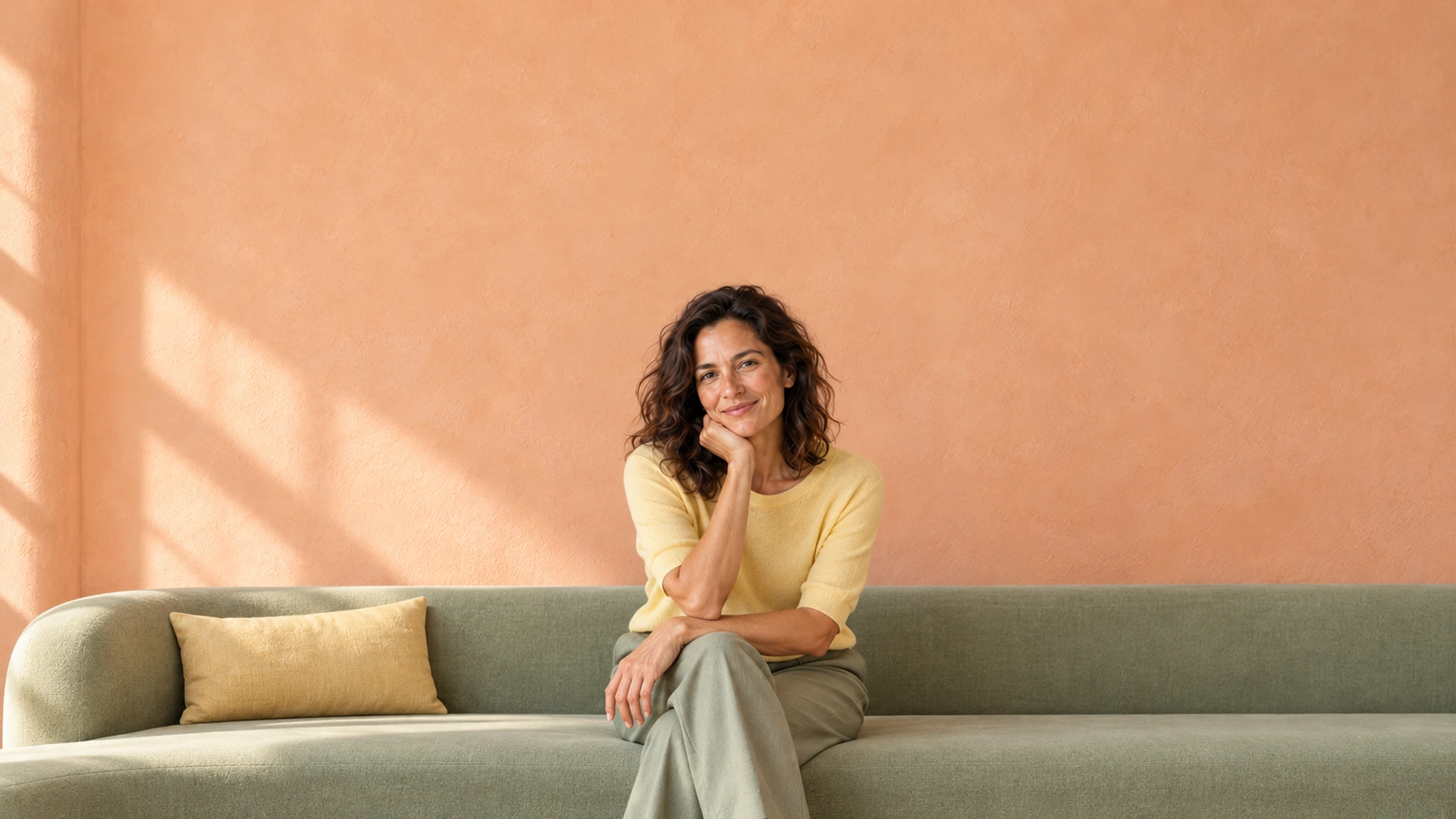 Jules Rowan seated at the center of a sage sofa in a sunlit peach studio.